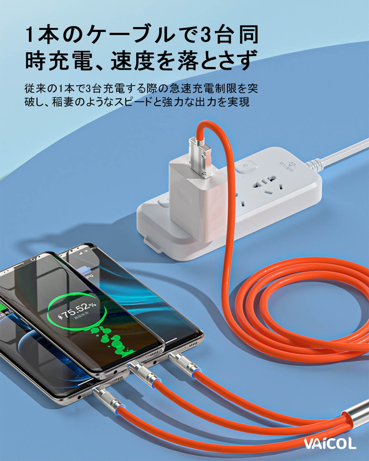 充電ケーブル 3in1 急速充電ケーブル 1.2m lighting+Micro+USB C 一本三役 3台同時給電可能 iphone 充電ケーブル タイプc Android 等多機種対応 急速充電 同時充電可
