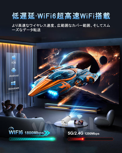 プロジェクター 家庭用 Android TV搭載・270°回転・自動台形補正 16000LM 1080P Wi-Fi6 4K対応 プロジェクター 小型 天井投影 Bluetooth5.4 HiFiスピーカー内蔵 ホームプロジェクター 50％ズーム機能 スマホ/ノートパソコンに対応