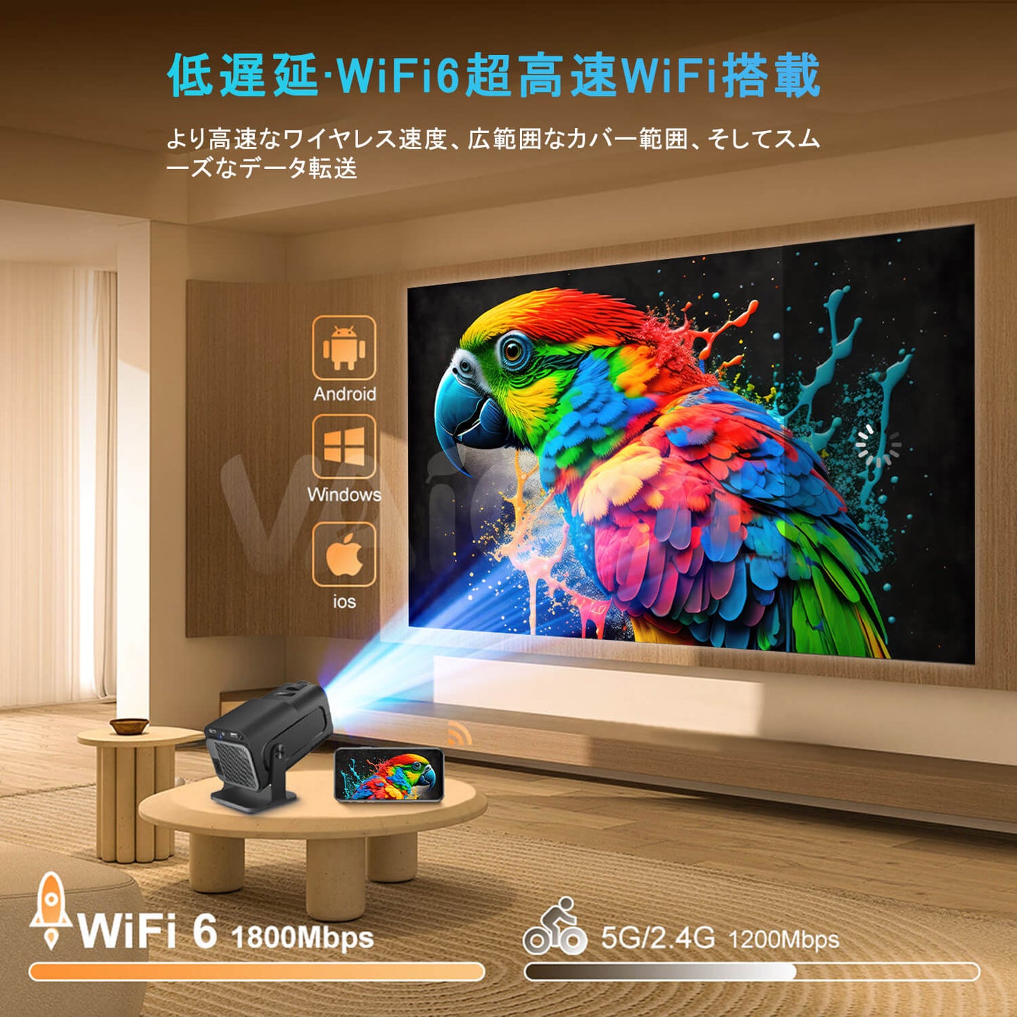 プロジェクター 家庭用【最新Android TV13搭載！・270°回転】プロジェクター 小型 26000LM 1080P Wi-Fi6 4K対応 50％ズーム機能 自動台形補正 Bluetooth5.2 HiFiスピーカー内蔵 ホームプロジェクター 家庭用 短距離投影 スマホ/ノートパソコン/DVD/Switch/などに対応