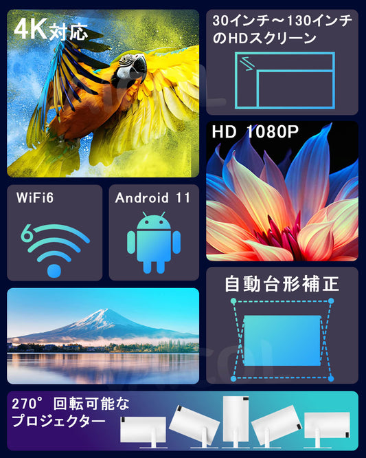 【Android TV搭載・270°回転】プロジェクター 家庭用 16000LM 1080P Wi-Fi6 4K対応 プロジェクター 小型 天井投影 自動台形補正 Bluetooth5.3 スピーカー内蔵 ホームプロジェクター 50％ズーム機能 スマホ/ノートパソコン/DVD/Switch/などに対応