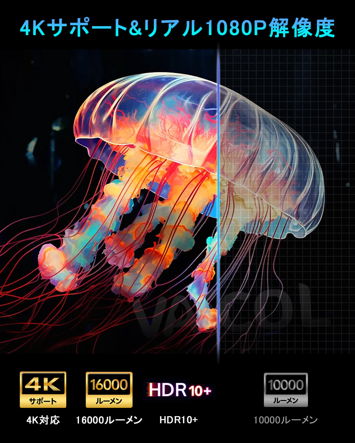 【Android TV搭載・270°回転】プロジェクター 家庭用 16000LM 1080P Wi-Fi6 4K対応 プロジェクター 小型 天井投影 自動台形補正 Bluetooth5.3 スピーカー内蔵 ホームプロジェクター 50％ズーム機能 スマホ/ノートパソコン/DVD/Switch/などに対応