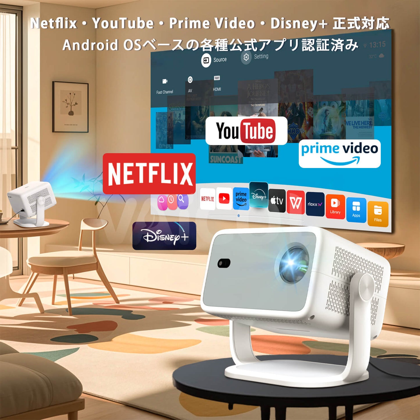 プロジェクター 家庭用【1080P FHD・Netflix公式ライセンス】Android TV13.0搭載 360°回転 小型 プロジェクター 天井投影 650ANSI 4K対応 オートフォーカス/全自動台形補正/スクリーンアジャスト/障害物自動回避/ズーム ホームプロジェクター